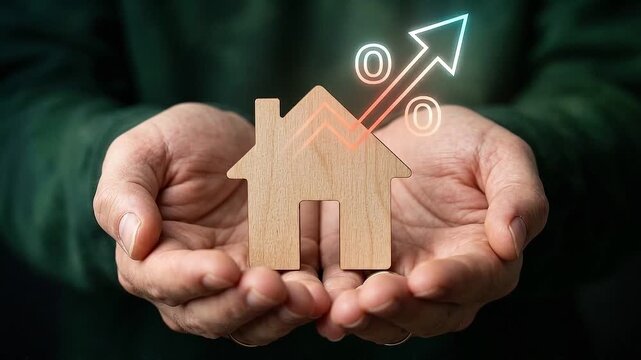 Mortgage interest rate concept with wooden house model held in hands showing rising percentage symbol and arrow indicating increase in mortgage growth and financial investment opportunity