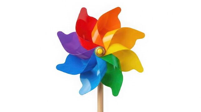 Colorful rainbow pinwheel toy on a wooden stick