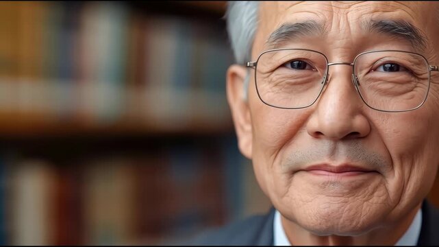 Elderly Asian man wearing glasses portrait library bookcase with thoughtful expression soft warm