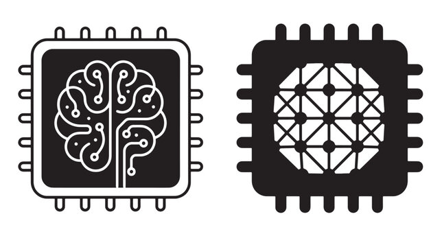 Two computer processor chip one featuring a brain circuit and one with a grid network, in black and white, isolated on white background