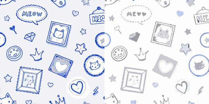 sketchy cat frames and speech bubbles pattern blue gray white background illustration vector cute fun design icons animals pets hearts stars crowns avatars