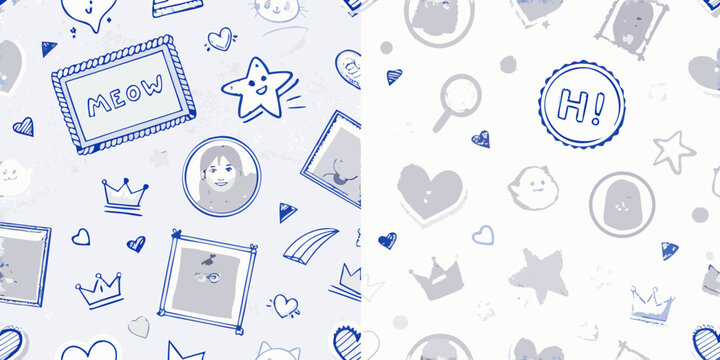 playful blue ink sketch photo frames and avatar b on white background illustration heart star crown speech bubble meow pattern design cartoon drawing