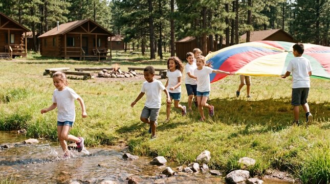 Multiracial children playing with a colorful parachute at a summer camp in the forest near a stream