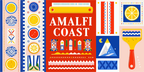 amalfi coast vibrant travel poster with colorful patterns italian culture coastal scene lemons mountains vector art illustration red background blue accents food motifs © Lalin