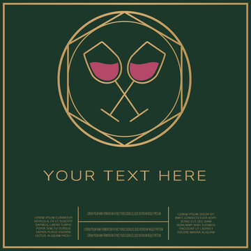 Elegant wine menu template with crossed wine glasses logo, gold geometric frame and placeholder text on dark green background