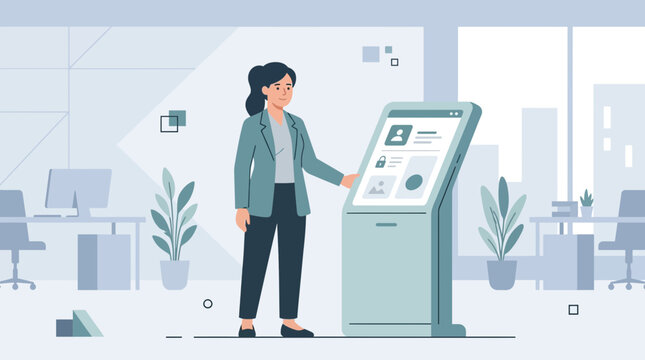 Woman using interactive touchscreen kiosk in modern office