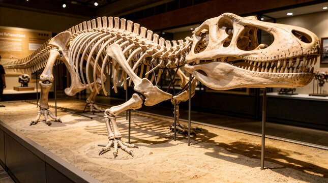 Fossilized Dinosaur Skeleton Displayed in a Natural History Museum Gallery
