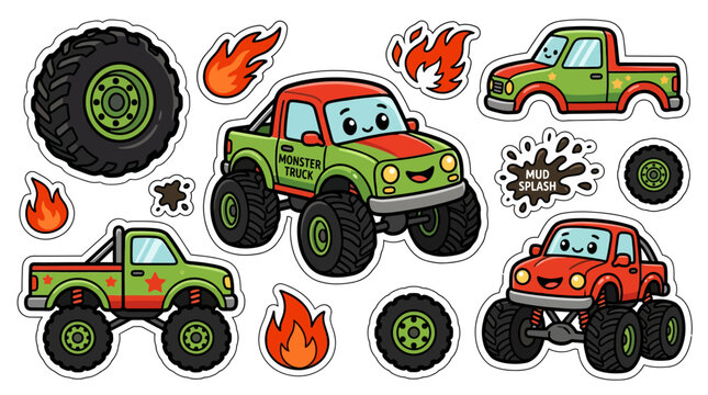 Cute Monster Trucks and Wheels Sticker Pack, Cartoon Style