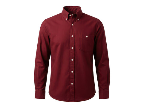 Burgundy button down shirt. Men's long sleeve cotton dress shirt isolated on white.