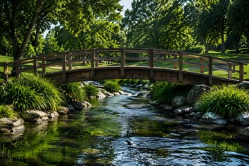 Fototapeta premium Wooden Bridge Crossing Golf Stream with Lush Greenery Reflected in Moving Clear Water Landscape Photography