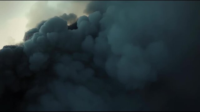 Glowing ember and ash firelight cloud glow through dense smoke, dramatic volcanic atmosphere