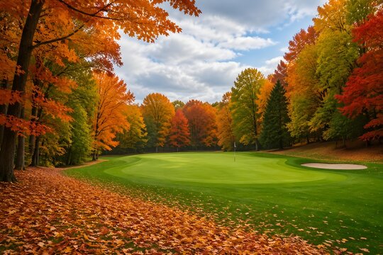 Autumn Putting Green Framed by Colorful Foliage and Fallen Leaves for Seasonal Scenic Golf Photography