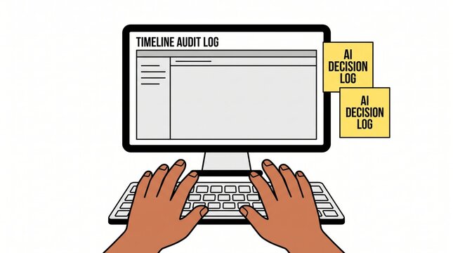 AI Clinical Liability concept. Hands typing on a keyboard with AI decision log displayed on a computer screen.