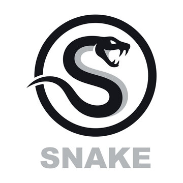 Black and gray snake logo with circle and sharp teeth on white background icon
