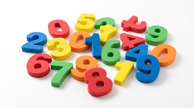 Colorful foam numbers scattered on white background for learning mathematics preschool education counting concept