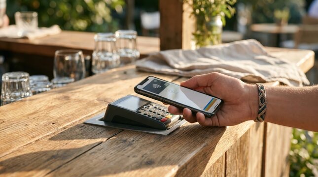 Contactless payment with smartphone and credit card at a wooden bar counter in a restaurant or cafe by a male customer