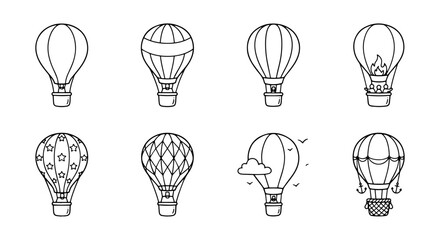 Hot Air Balloon Icons, Vector Set: Simple Outline Graphics for Travel and Adventure Themes © samim