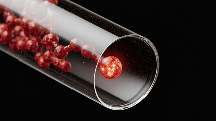 Fototapeta premium Glowing red sphere in glass tube, science concept with molecular node, rogue ai agent containment concept