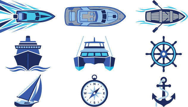 Nautical Travel Boat and Ship Vector Icon Set Featuring Top View Yachts, Cruise Liner, Compass, Anchor, and Steering Wheel for Marine Navigation Designs
