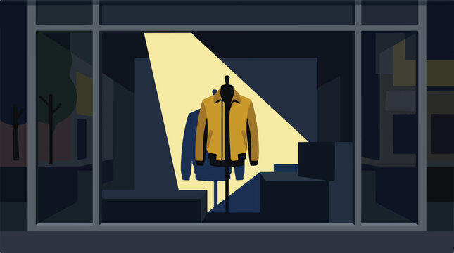 Yellow jacket on mannequin in store window display vector. Flat design fashion shop spotlight illustration. Modern boutique showcase background.