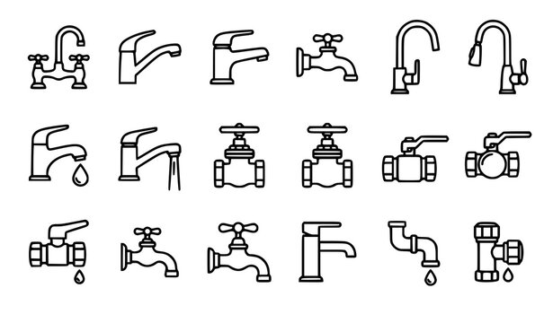 Minimal Water Faucet Vector Icon Collection with Dripping Tap Plumbing Symbols for Bathroom Kitchen Utility and Sanitation Designs