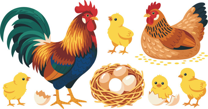 Chicken Farm Vector Collection Featuring Rooster, Hen, Chicks, Eggs, Nest, and Hatchling Illustrations for Poultry, Agriculture, and Farm Design Projects
