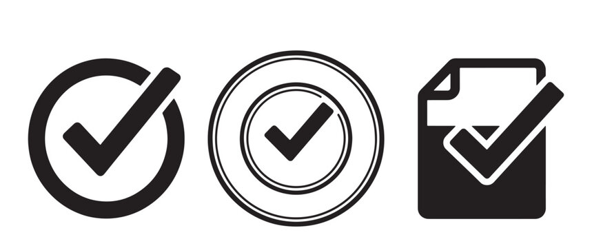 Three black depicting a checkmark inside a circle, a double circle with a checkmark, and a document page with a checkmark on a white background