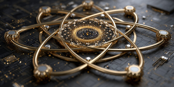 An artistic representation of quantum computing with interconnected golden atoms and a dark circuit board background