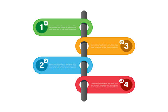4 step infographic template featuring four-colored labels linked to a central axis in tiered arrangement. Ideas for presenting workflows, vector 3d isolated on white background for design