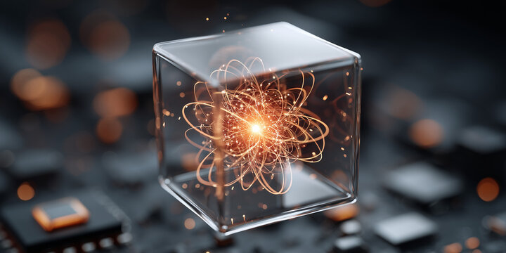 Abstract representation of quantum computing with glowing atom in a transparent cube surrounded by microchips