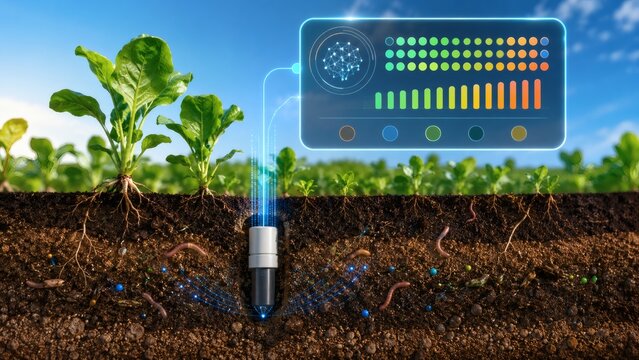 AI-powered soil health analysis with smart sensor in agricultural field at sunrise