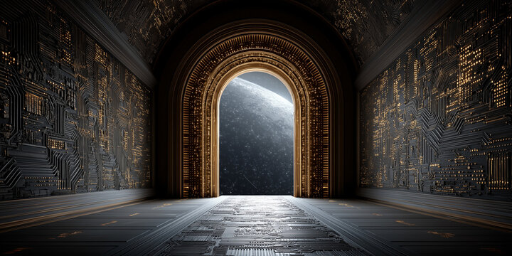 Futuristic corridor with quantum computing elements leading to a cosmic gateway a visual representation of scientific breakthroughs