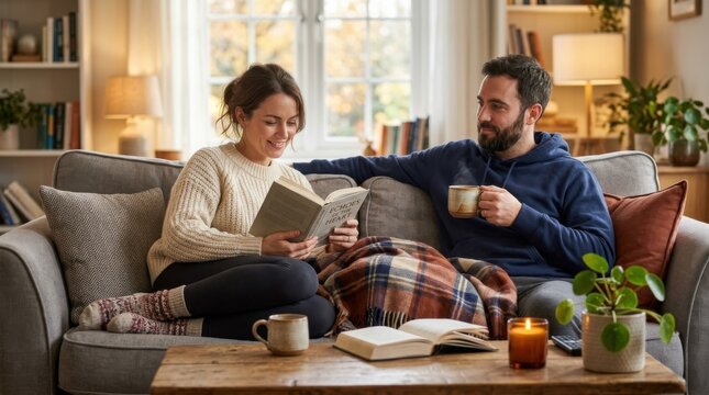 Cozy Couple Relaxing on Couch with Book and Coffee in Bright Living Room