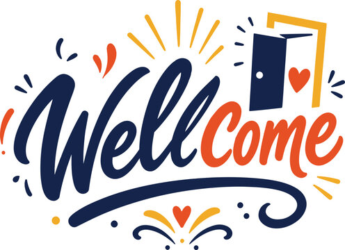 Colorful wellcome typography design with an open door icon and heart symbol for friendly greeting cards or home entrance signage decorations in a modern hand drawn style