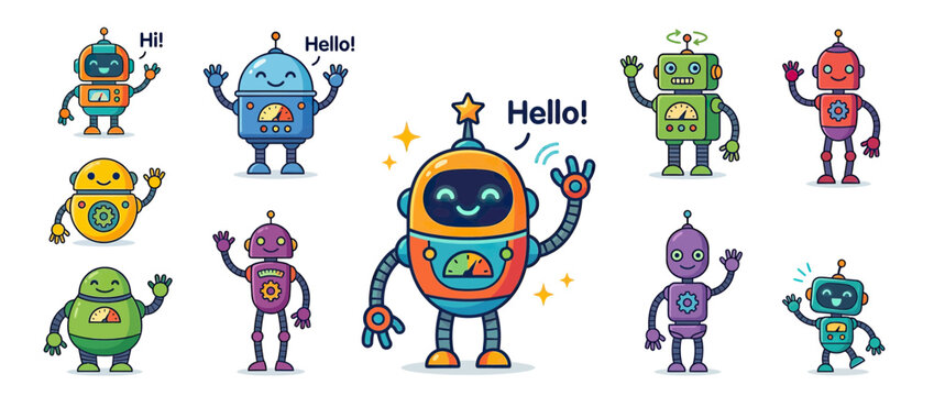 Cute cartoon robots waving hello and smiling