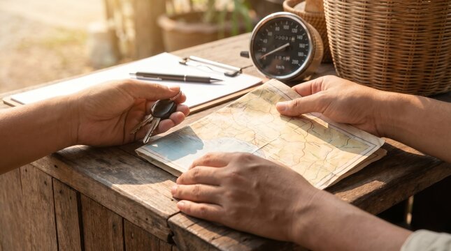 People planning road trip with map and car keys on wooden table, travel adventure concept for vacation planning
