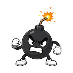 Angry Cartoon Bomb Character with Burning Fuse, Simple Flat 2D Mascot Illustration Isolated on White Background