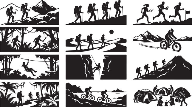 Collection of black and white silhouette depicting various outdoor adventure activities like hiking, cycling, and camping