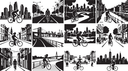 Obraz premium Set of black and white silhouette featuring cyclists riding through diverse urban cityscapes, parks, and waterfront areas