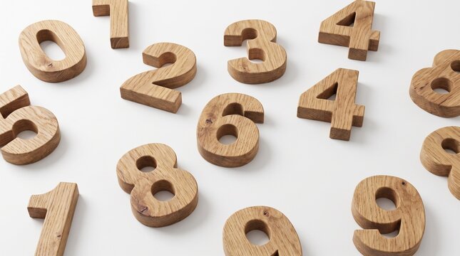 Natural wooden numbers arranged on a clean white background, showcasing an educational and decorative display of counting elements