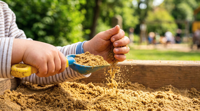 Child hand holding a plastic shovel and pouring sand in a sandbox at a park