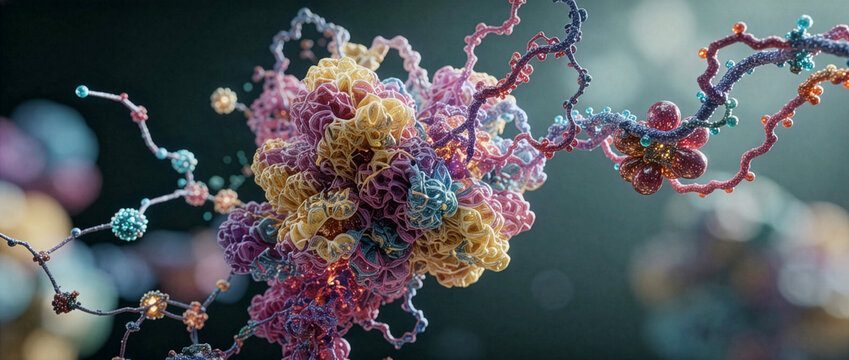 Intricate 3D Molecular Visualization of Complex Protein Folding, Cellular Strands, and Organic Nanotechnology in Microscopic Detail