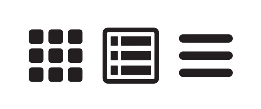 A collection of three black flat representing a grid view, a table list, and a horizontal list menu on a white background, for web