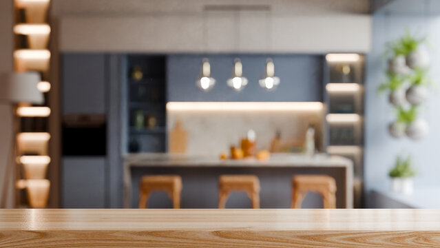 Empty wooden table top for product display with blurred modern kitchen background and warm lighting- 3D rendering