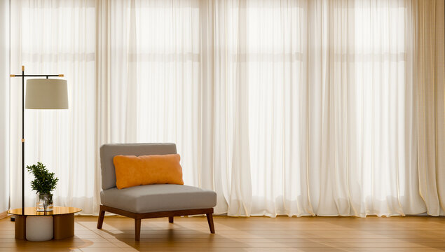 Modern living room interior with comfortable armchair, orange pillow, gold side table, and sheer curtains with natural sunlight- 3D rendering