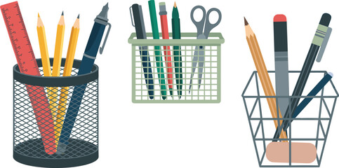 Office and School Stationery Holder Vector Set Featuring Pencil Cups, Mesh Organizers, Desk Accessories, and Workspace Storage Containers for Education and Business © Rumi