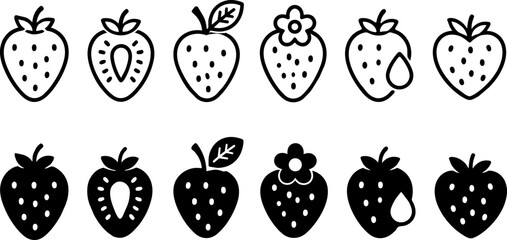 Icon On Strawberry icon set with 12 vector elements, minimalist berry line art and solid silhouettes, fresh fruit symbols for food packaging and web design ,Clean grouped each Icon © vectorzking