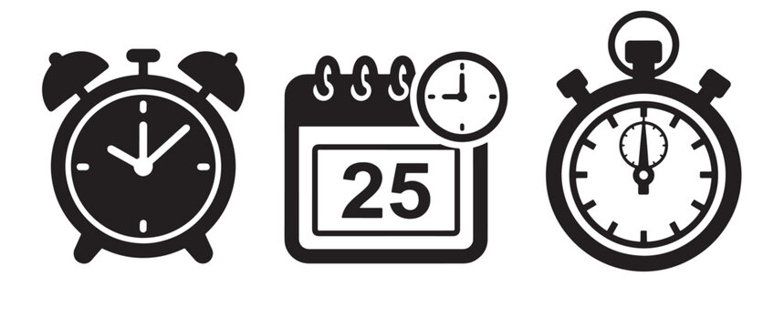 A set of three black representing time management including an alarm clock, a calendar with the number twenty-five, and a classic analog stopwatch timer
