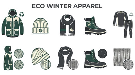 An infographic titled Eco Winter Apparel showcasing sustainable clothing items profiles and fabric textures © Faisal