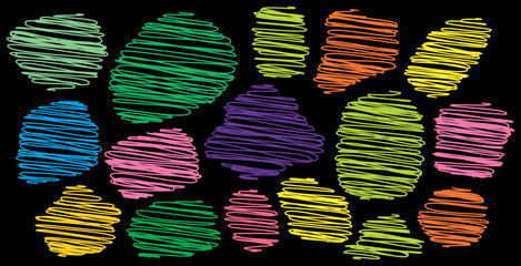Abstract colorful scribbled shapes on a black background, representing creativity and diversity. © Riki